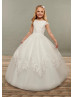 Cap Sleeves Ivory Lace Tulle Unique Flower Girl Dress